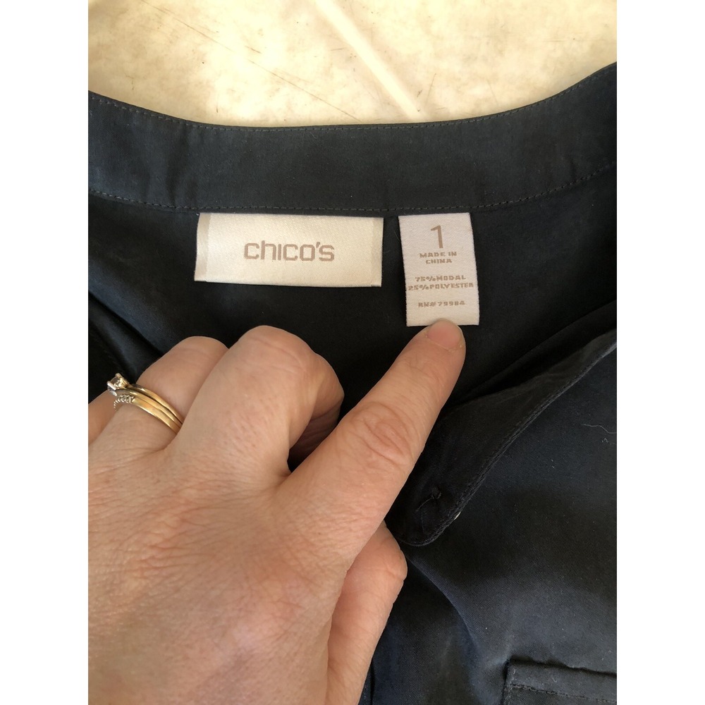 CHICO'S Tunic Black Collarless Long Slv Button Down Eurosummer Sz 1 Medium - Picture 3 of 3